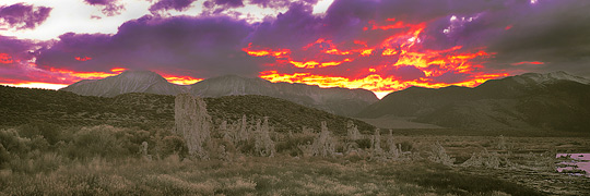 Fine Art Panorama Landscape Photography Fiery Sunset over South Tufas, Mono Lake, Eastern Sierra